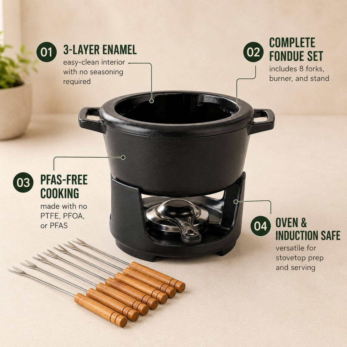 Enameled Cast Iron Fondue Set, 8-Piece